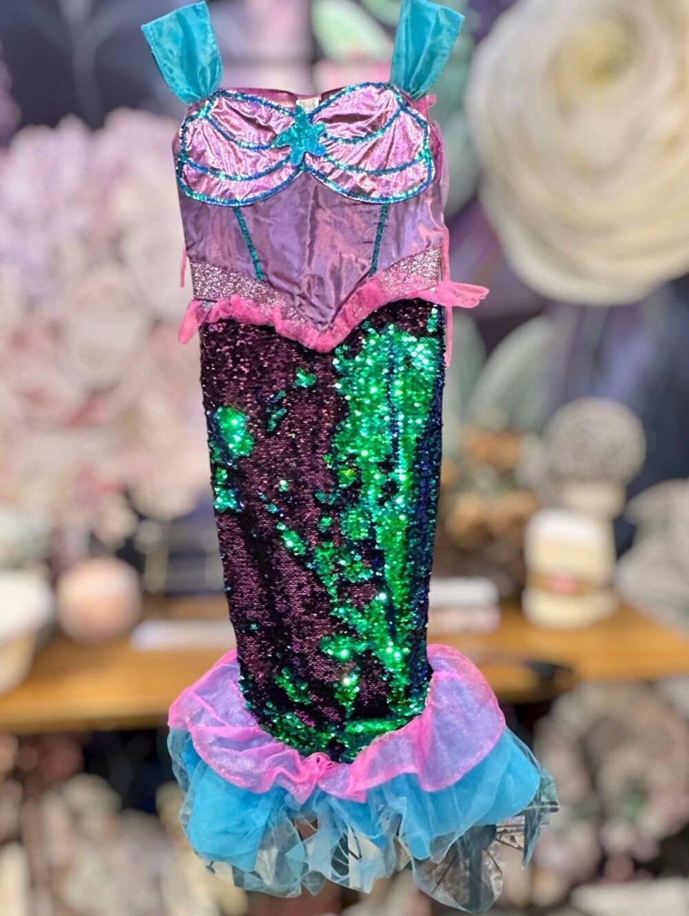 M Purple Mermaid Costume Dress Two Tone Sequin Tail Tulle Fin Halloween Girls
